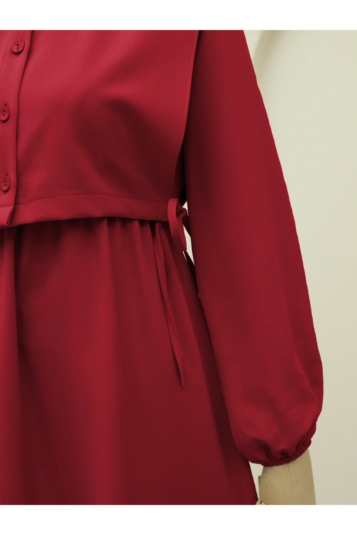 Üstü Gömlek Detaylı Elbise Takım    -Kırmızı