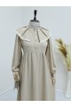 Önlük Yaka Büzgülü Yarım Düğme Keten Elbise  -Vizon