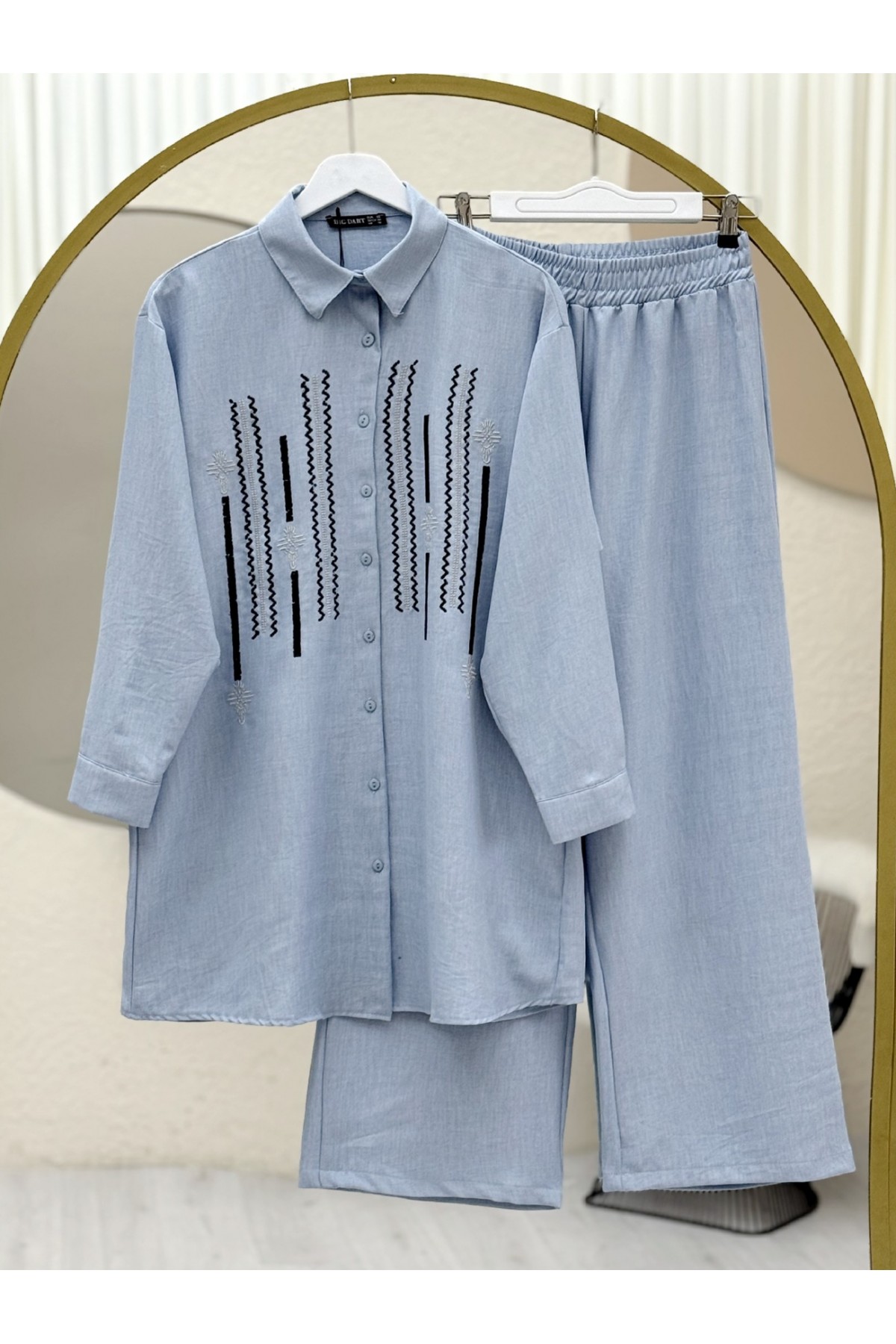 Önü Düğmeli Pul Payetli Pantolonlu Sofya Keten Takım  -Bebe Mavi