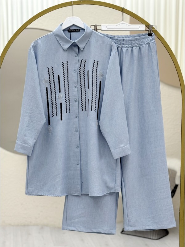 Önü Düğmeli Pul Payetli Pantolonlu Sofya Keten Takım  -Bebe Mavi