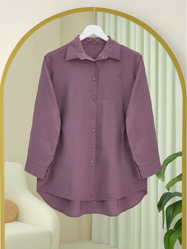 Arkası Uzun Düğmeli Poplin Gömlek -Vişne