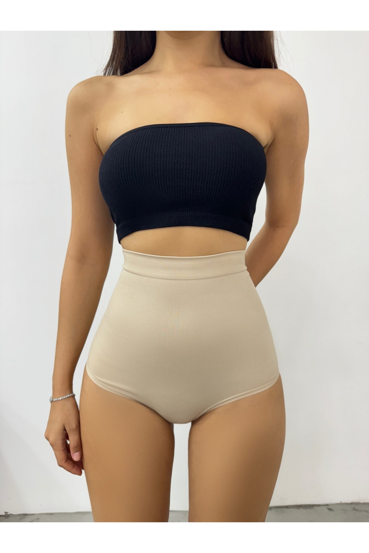 Silikonlu Uzun Bel Slip Korse -Krem