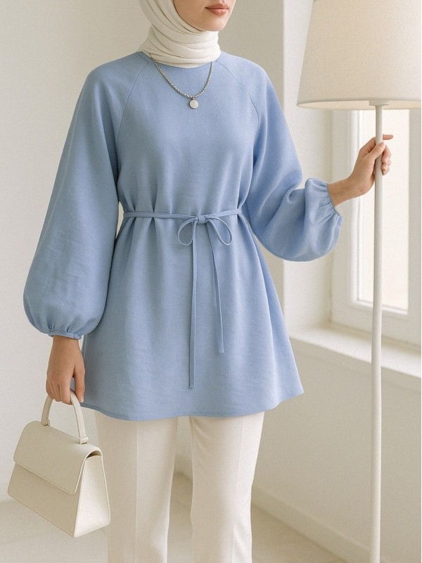 Yuvarlak Yaka Beli Bağcıklı Balon Kol Tunik  -Bebe Mavi
