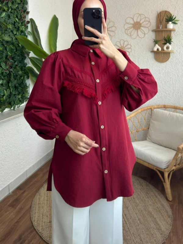 Güpür Püsküllü Ham Cupra Balon Kol Gömlek -Bordo