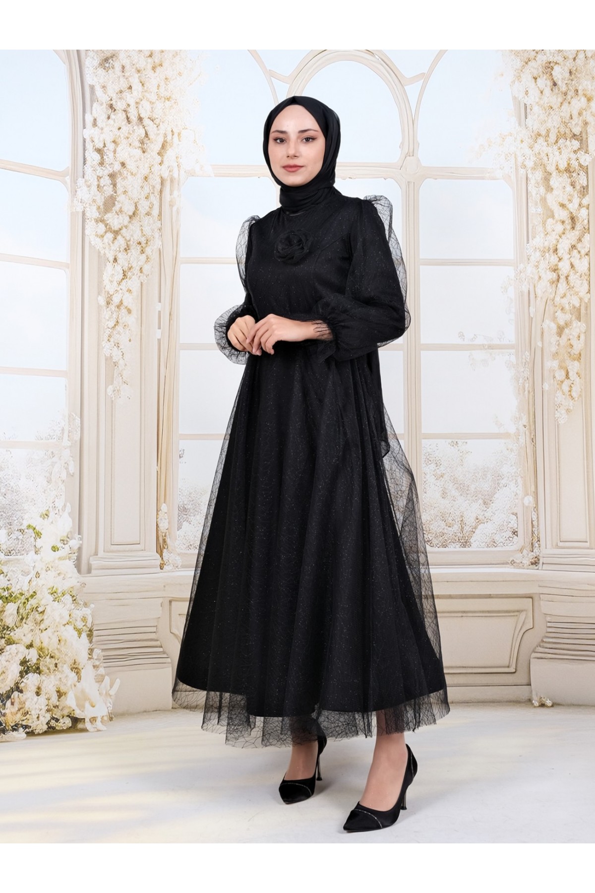 Kolu Lastikli Kuşaklı Simli Kabarık Tül  Abiye -Siyah