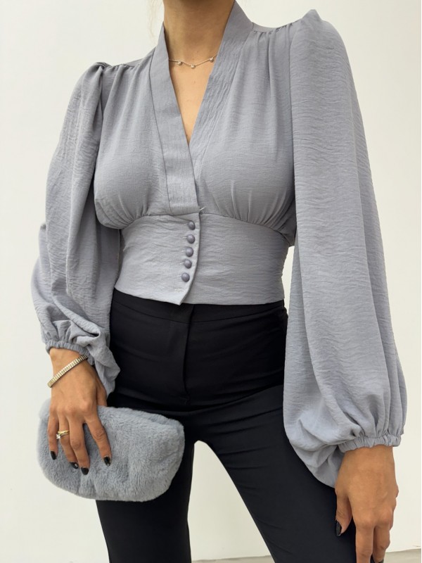Düğmeli Arkası Lastikli Balon Kol Sandy Crop    -Gri