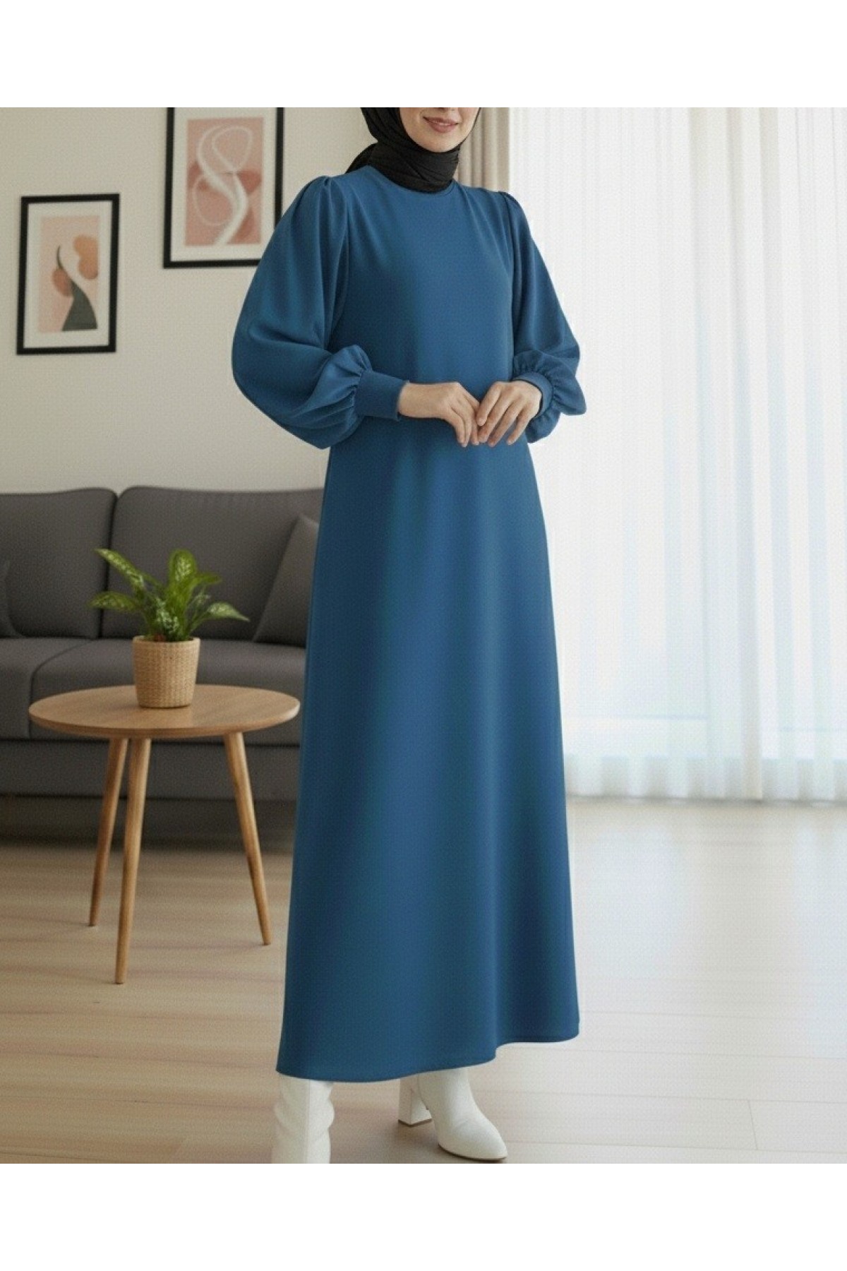 Yuvarlak Yaka Uzun Oysh Elbise -Petrol