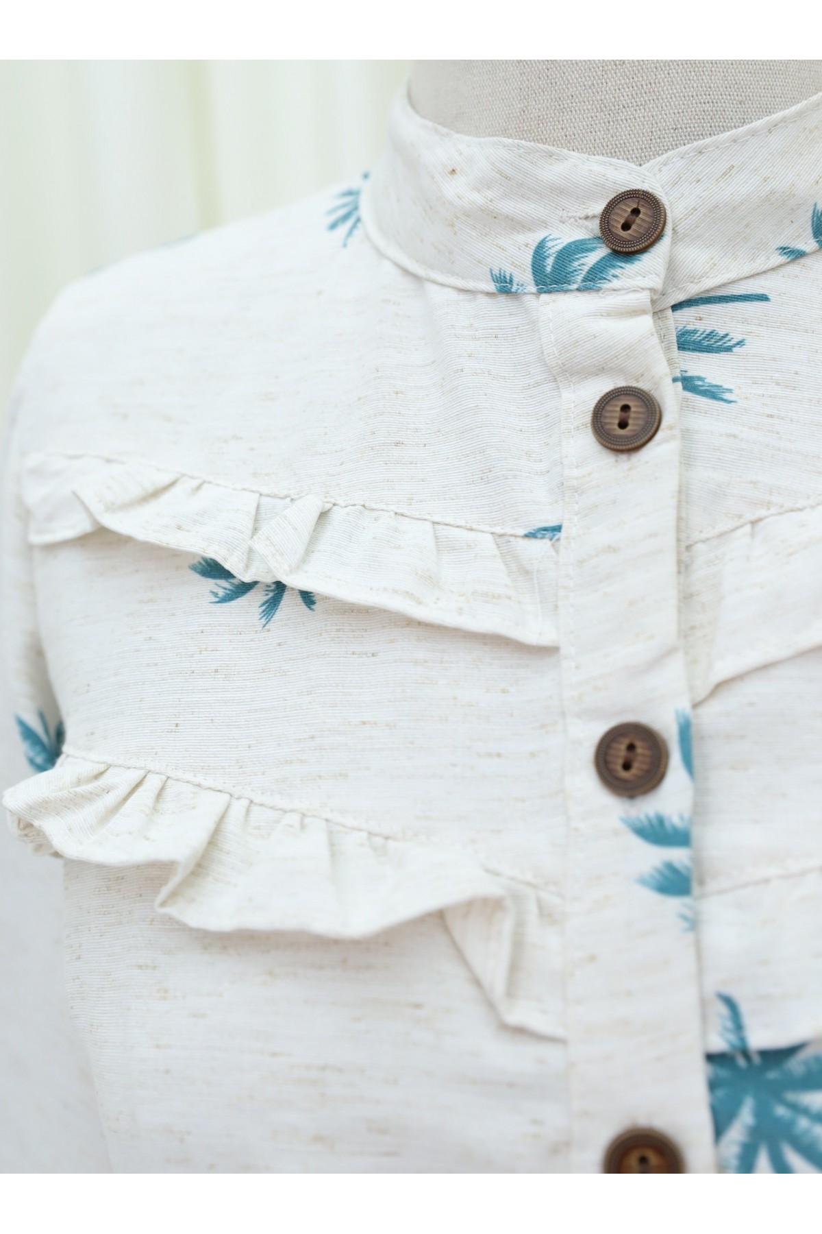 Önü Fırfırlı Yarım Düğmeli Parçalı Keten Elbise  -Petrol