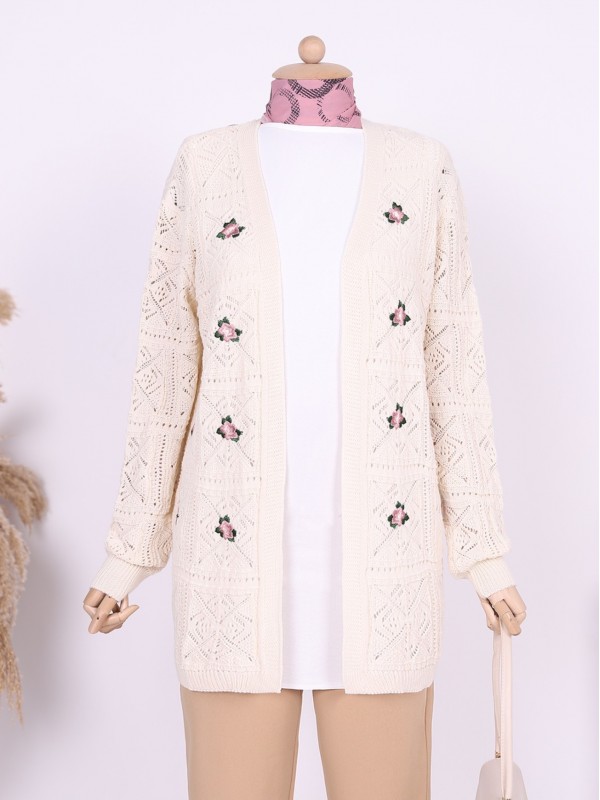 Ajurlu Nakışlı Hırka   -Krem