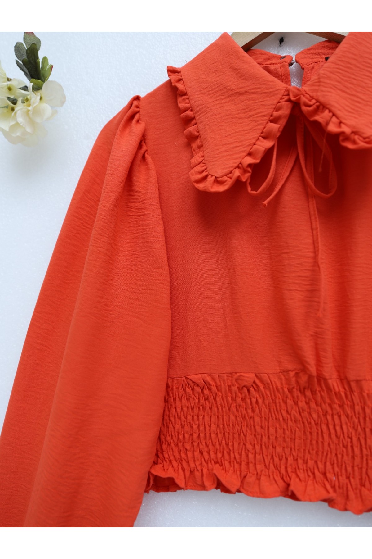 Beli Lastikli Bebe Yaka Uzun Kol Bluz -Nar Çiçeği