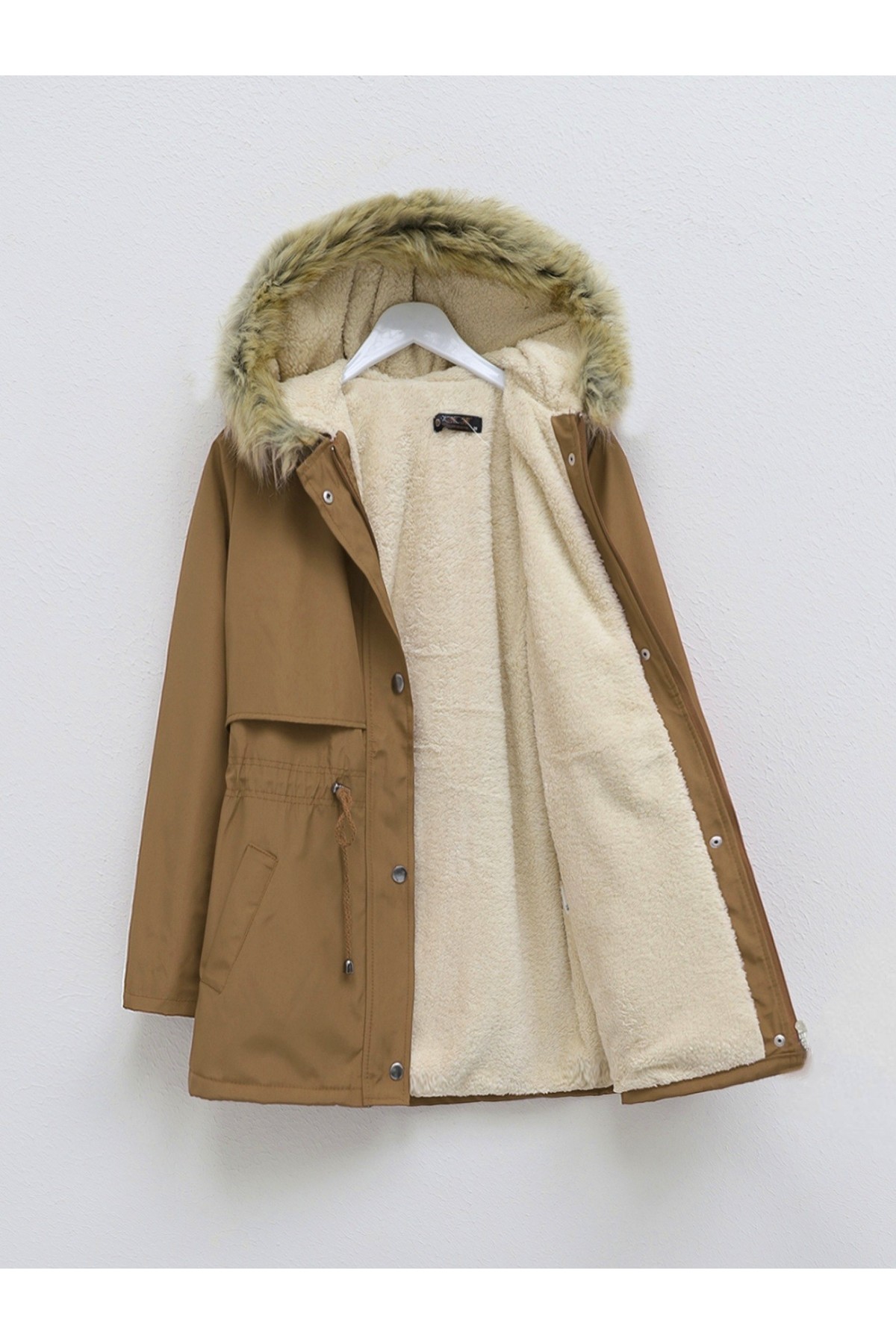 Bolero Detaylı Kürklü Kapşonlu İçi Peluşlu Mont -Taba