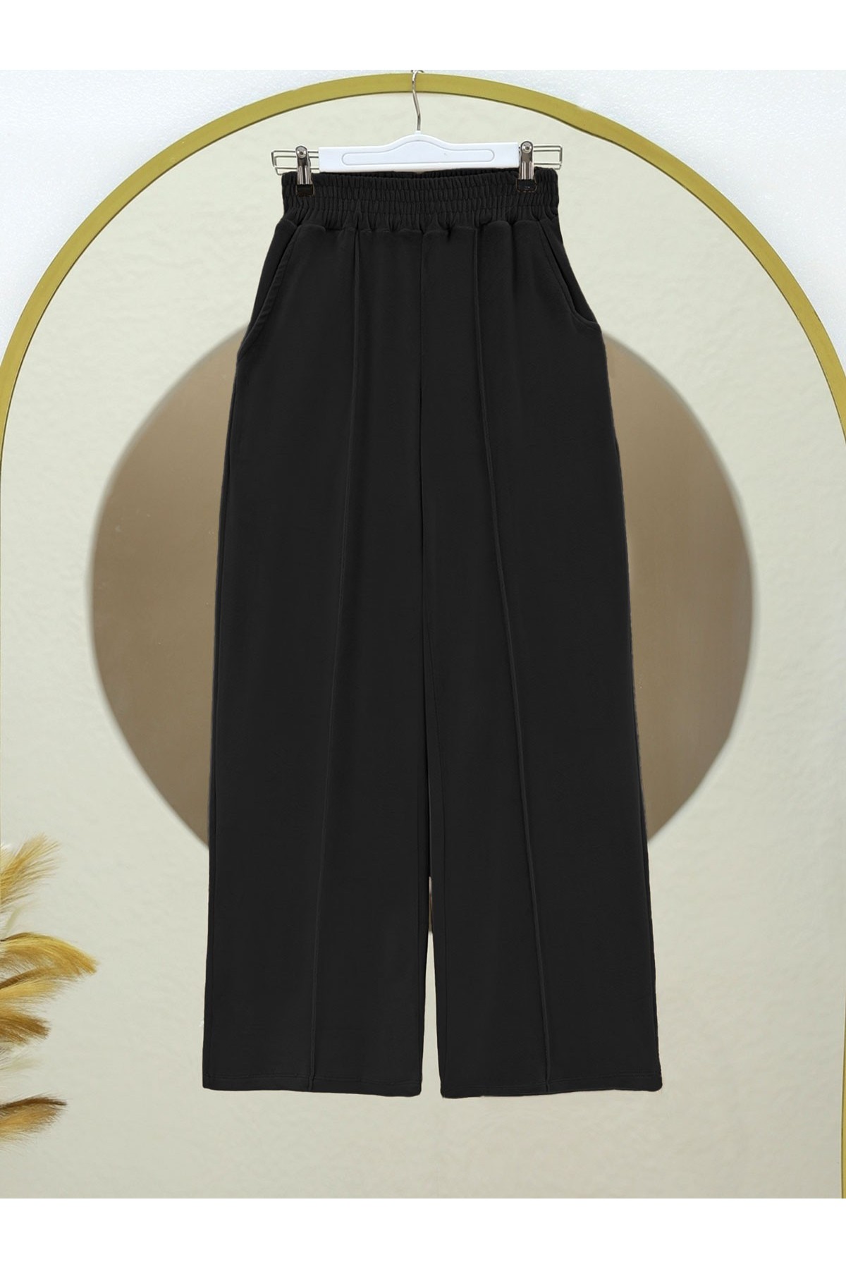 Çımalı Beli Lastikli Kadife Pantolon -Siyah