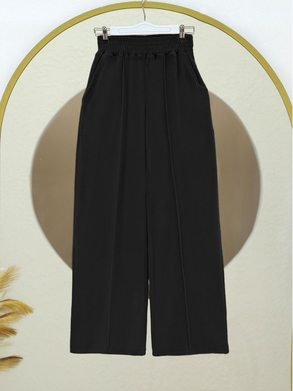 Çımalı Beli Lastikli Kadife Pantolon -Siyah