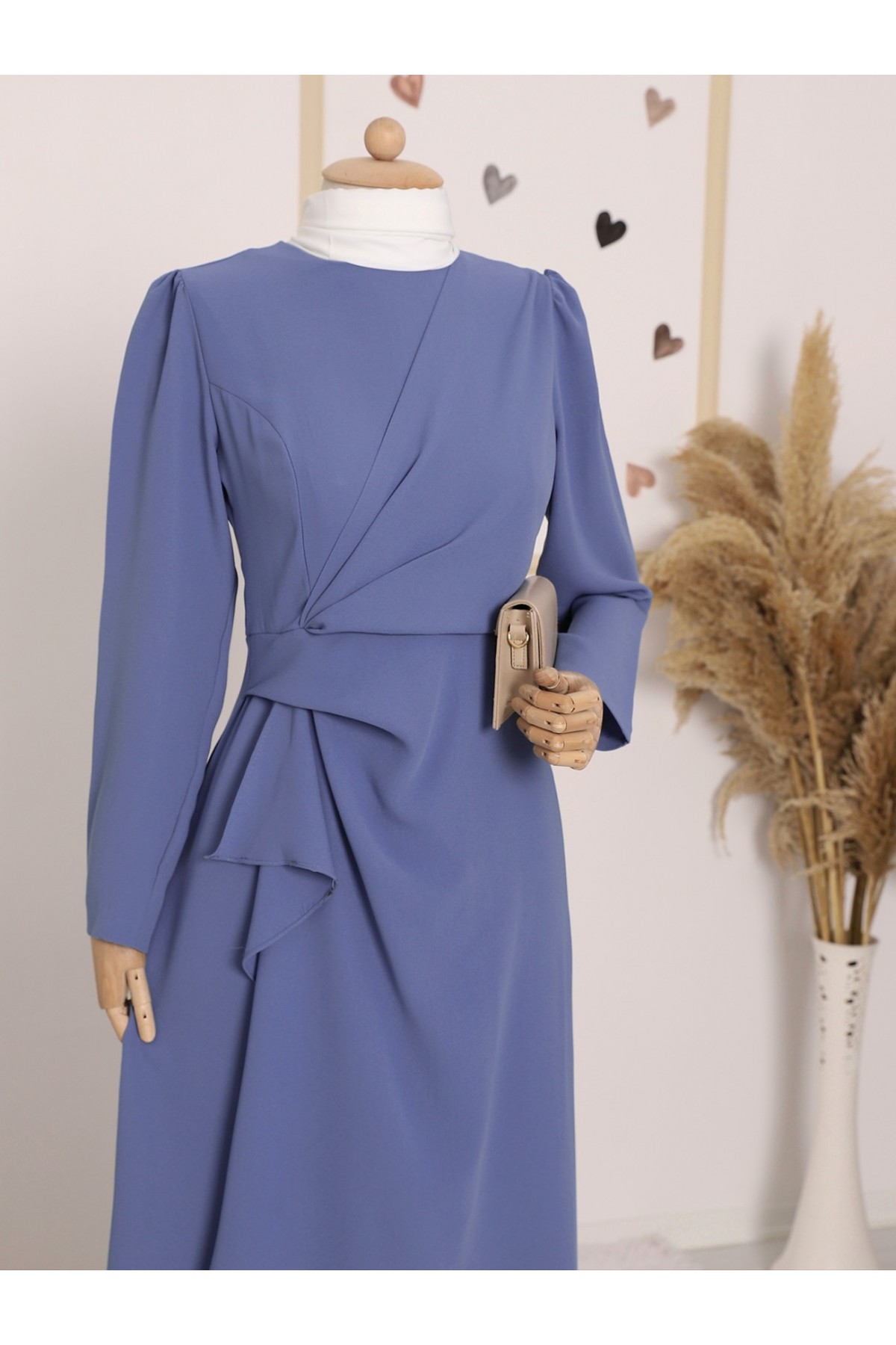 Önü Allerli Eteği Asimetrik Krep Elbise      -İndigo