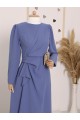 Önü Allerli Eteği Asimetrik Krep Elbise      -İndigo