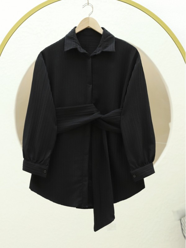 Belden Bağlamalı Fitlli Krinkıl Gömlek -Siyah