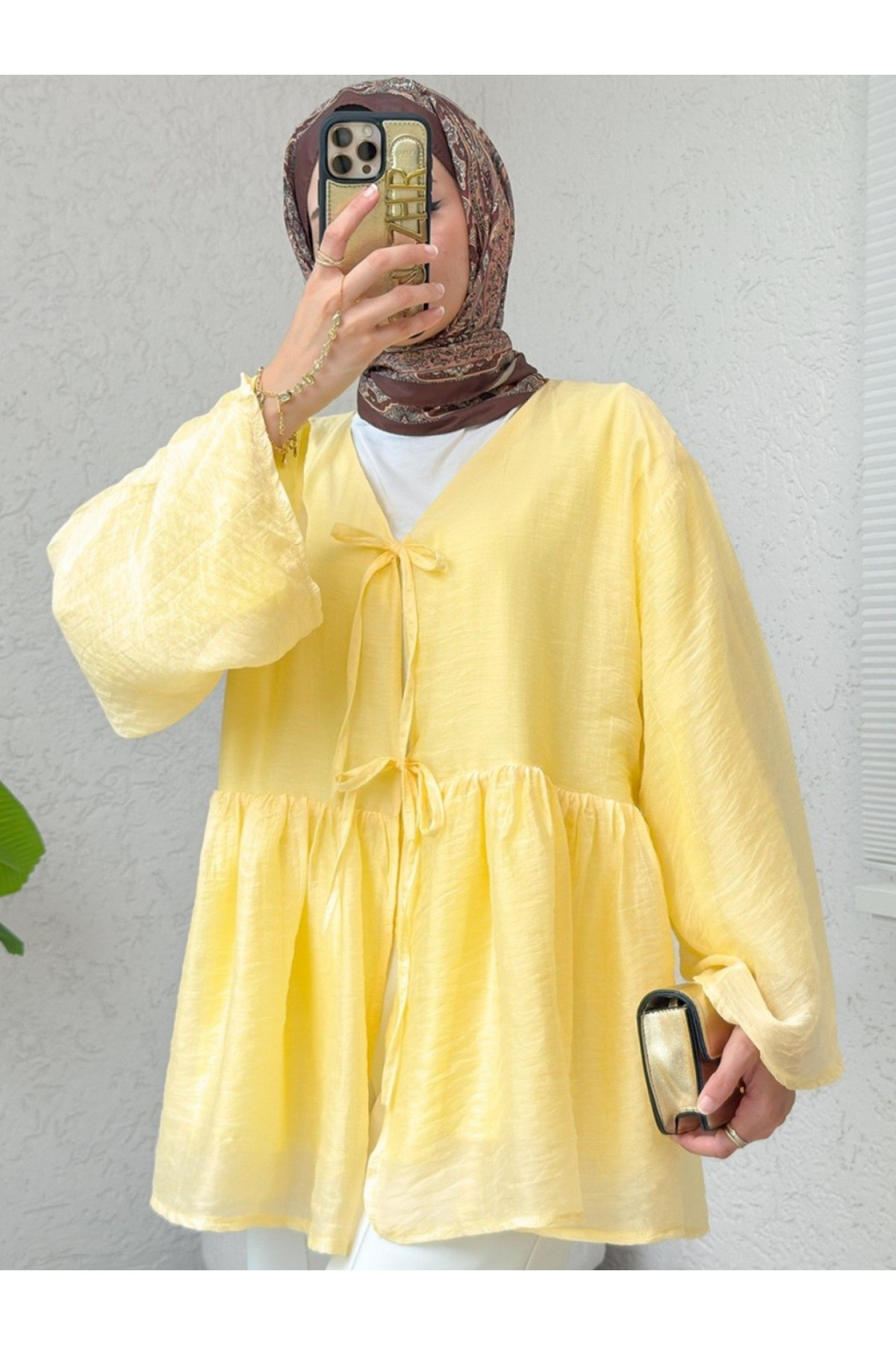 Çift Bağlamalı İçi Astarlı Modal Kimono -Sarı