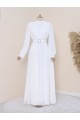 Kemeri Taşlı Önü Pileli Tesettür Elbise   -Beyaz