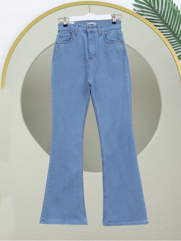 İspanyol Paça Yüksek Bel Kot Pantolon   -Açık Mavi