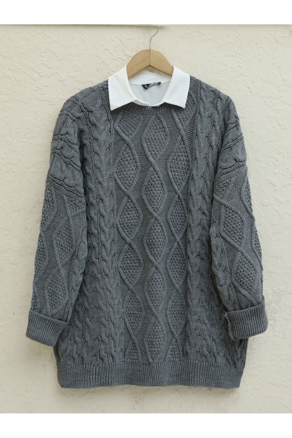 Petek Desen Kışlık Salaş Triko Kazak       -Füme