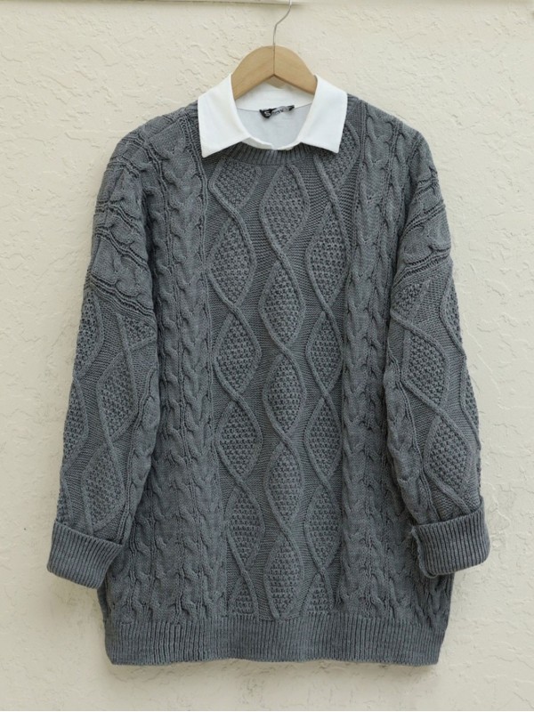 Petek Desen Kışlık Salaş Triko Kazak       -Füme