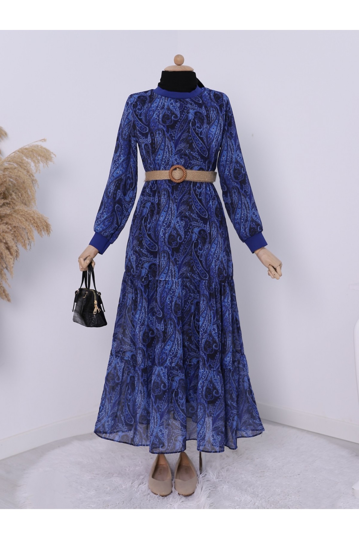 Etnik Desen Eteği Parçalı Astarlı Şifon Elbise -Laci