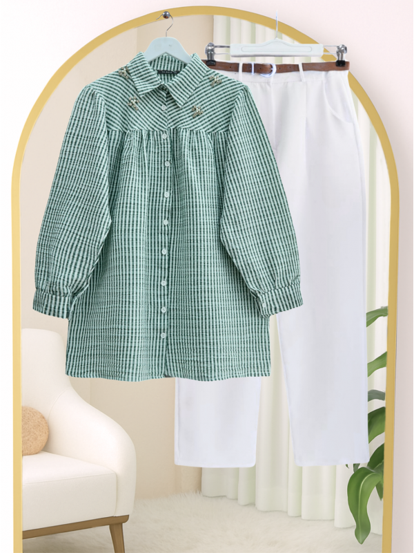 Üstü Taş Ve Boncuk Detaylı Çizgili Gömlek -Yeşil