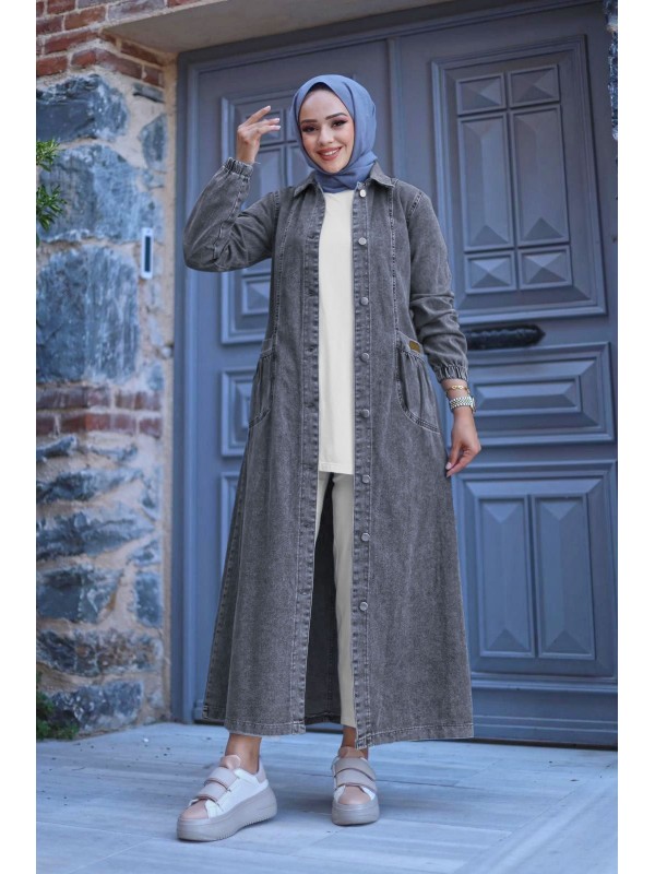 Torba Cepli Metal Düğmeli Uzun Kot Kap   -Füme