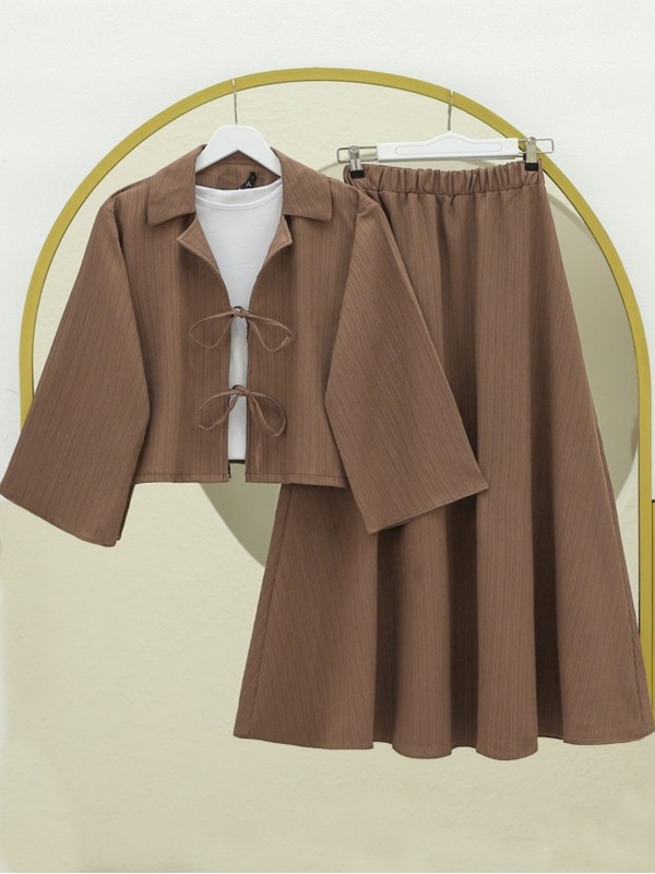 Önü Bağlamalı Etekli Krinkıl Takım  -Kahve