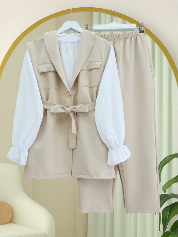 Sıfır Kol Önü Düğmeli Beli Kemerli Üçlü Takım  -Bej