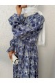 Yarım Düğmeli Beli Bağcıklı Desenli Elbise  -İndigo