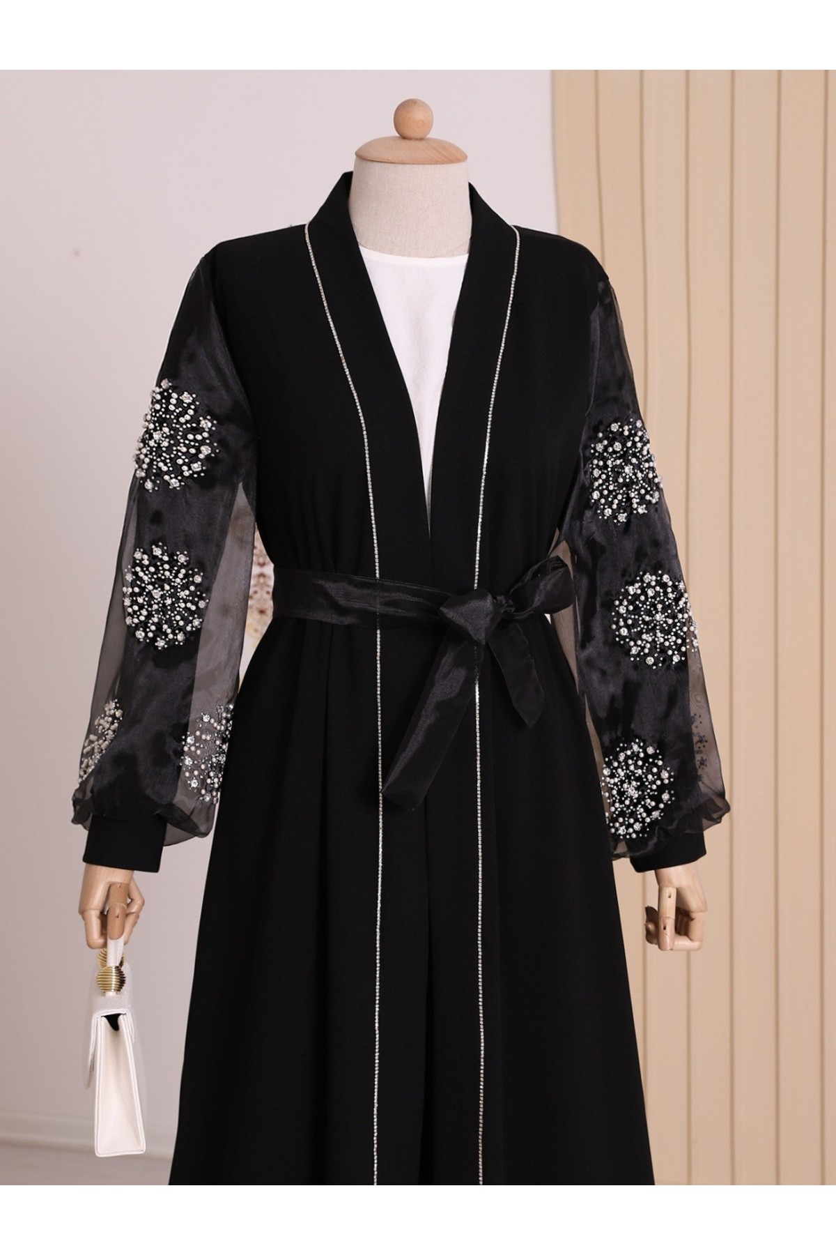 Kolları İnci Taş Detaylı Tesettür Abaya -Siyah