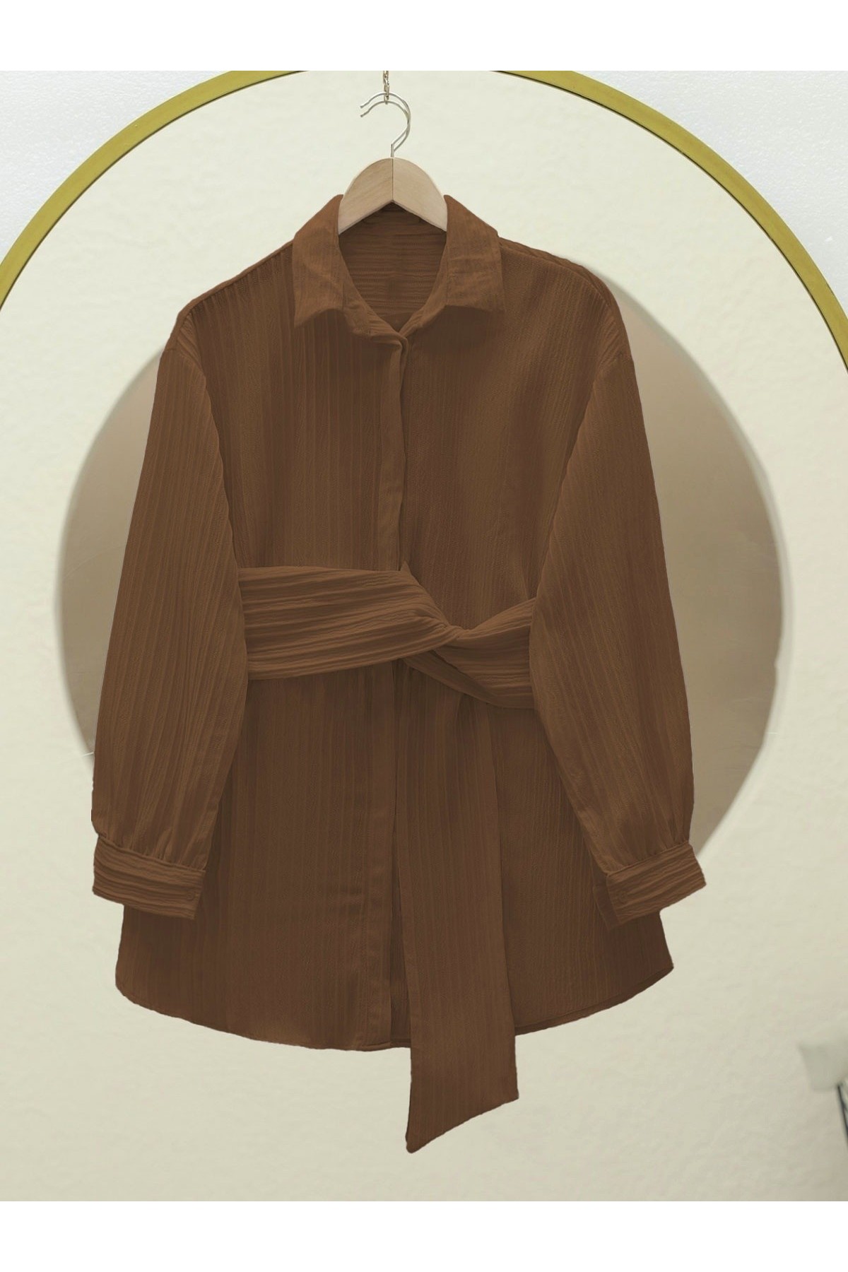 Belden Bağlamalı Fitlli Krinkıl Gömlek   -Kahve