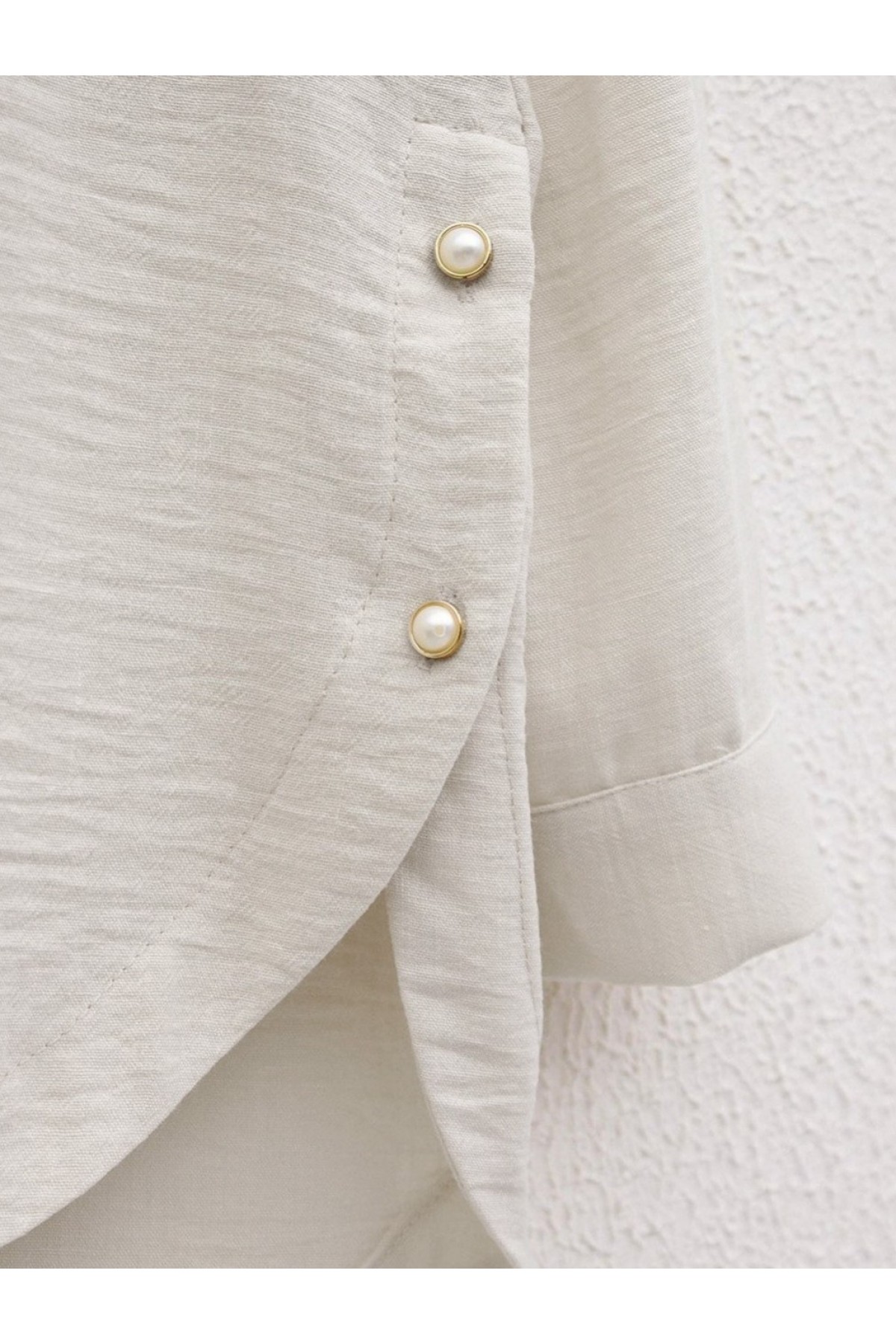 Dantel İşlemeli Eteği Düğme Detaylı Gömlek  -Taş