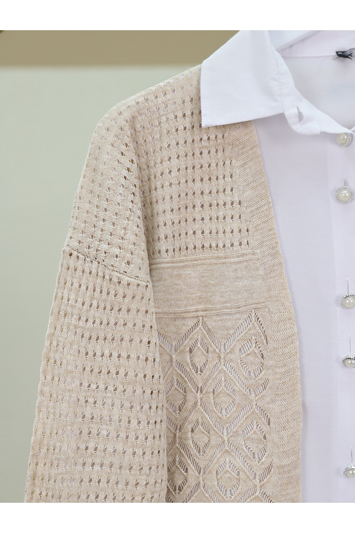 Ajurlu Mevsimlik Triko Hırka  -Taş