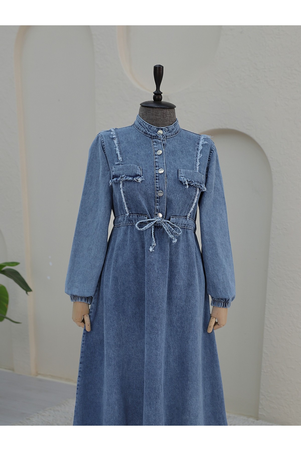 Eteği Püsküllü Tünel Bağcıklı Kot Elbise -Buz Mavi