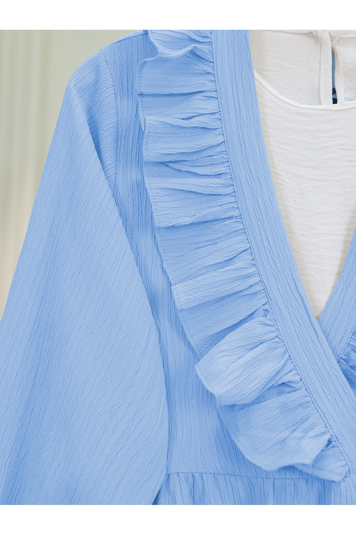 Önü Fırfırlı Bağlamalı Krinkıl Kimono   -Bebe Mavi