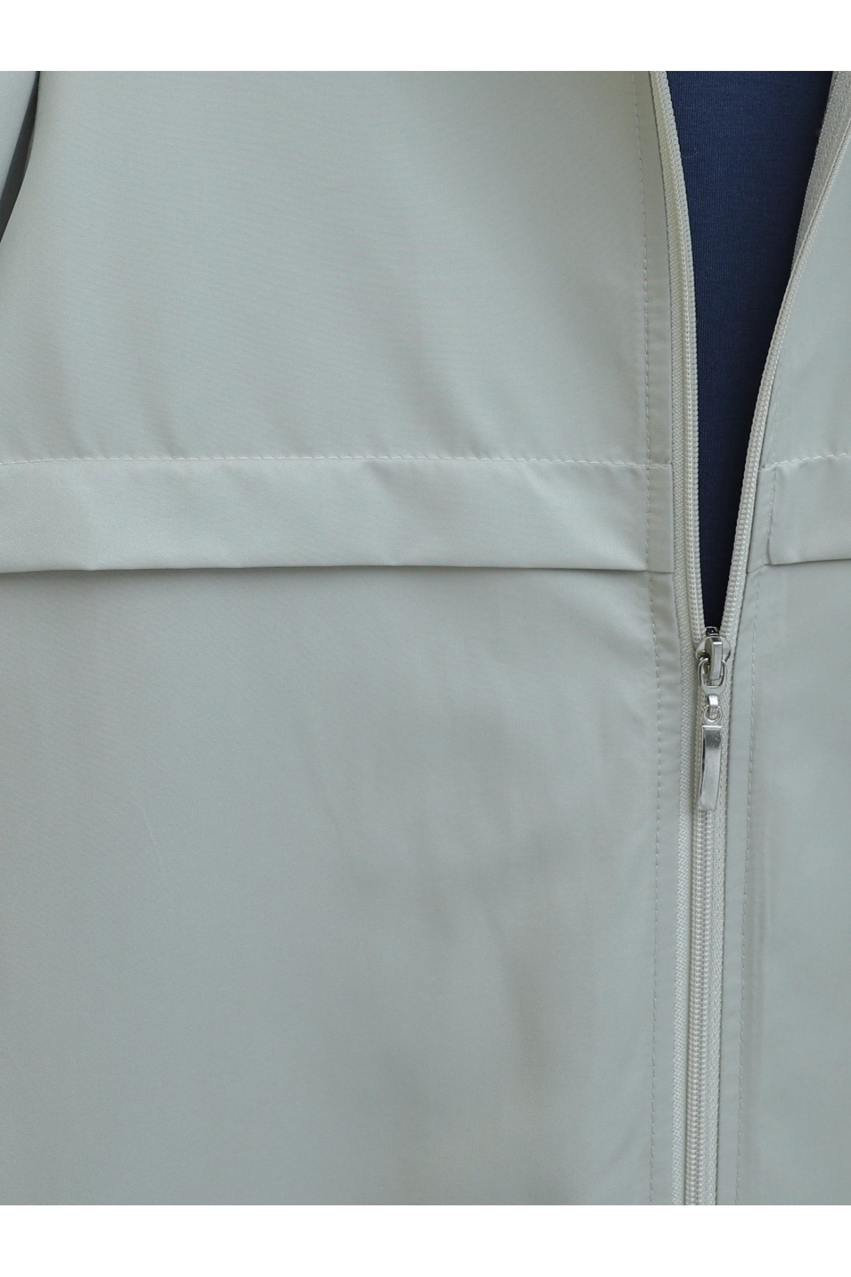 Boydan Fermuarlı Kapşonlu Uzun Yağmurluk -Taş