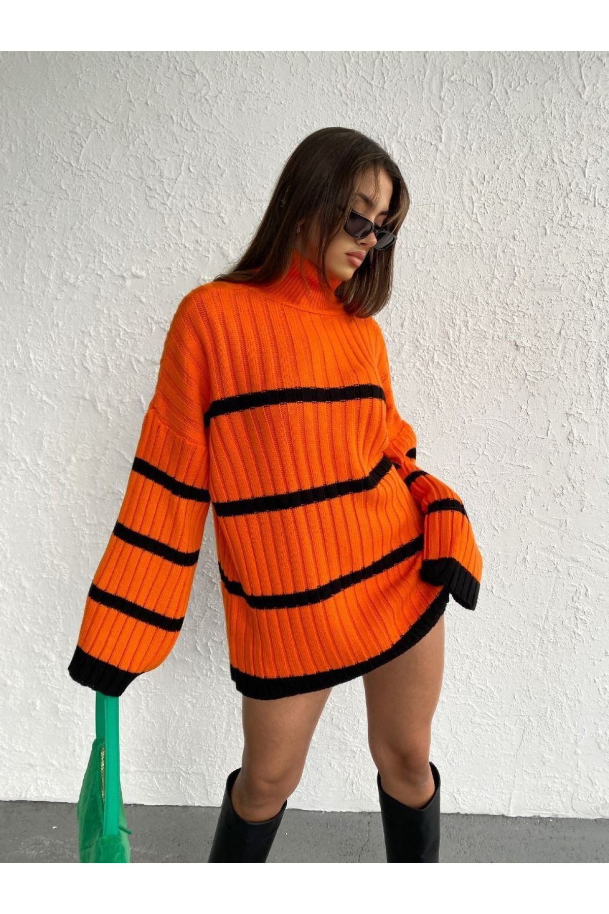 Salaş Kollu Çizgili Triko Kazak -Turuncu