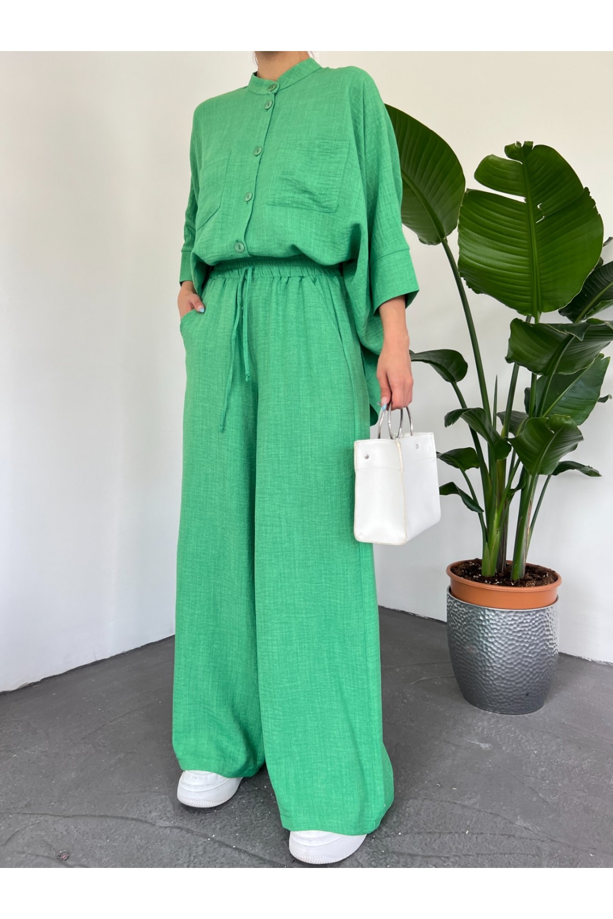 Çift Cepli Yarım Yarasa Kol Salaş Gömlek Takım -Yeşil