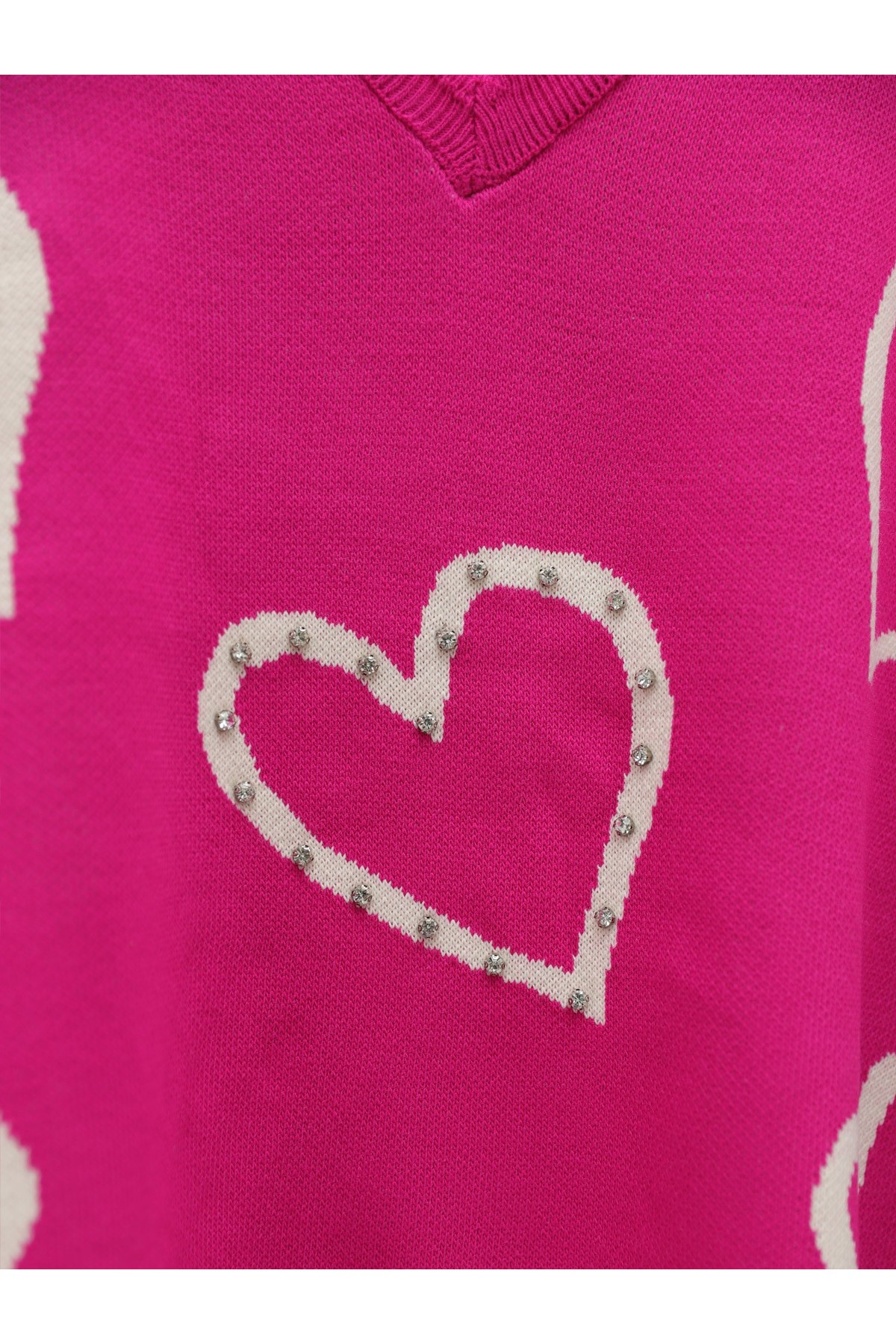 V Yaka Taşlı Triko Kazak -Fuşya