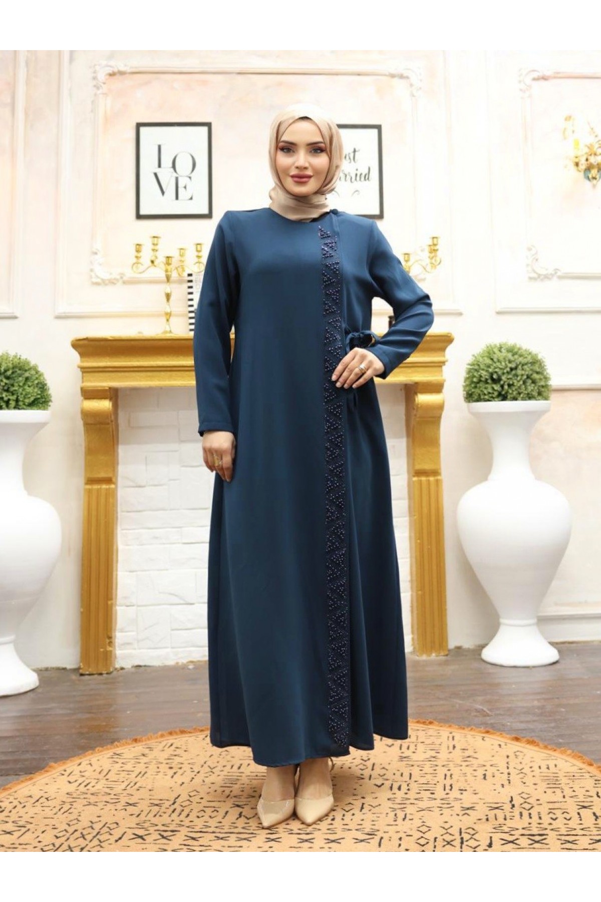 Önü Taş Detaylı Çift Kat Yandan Bağlamalı Ferace  -Petrol