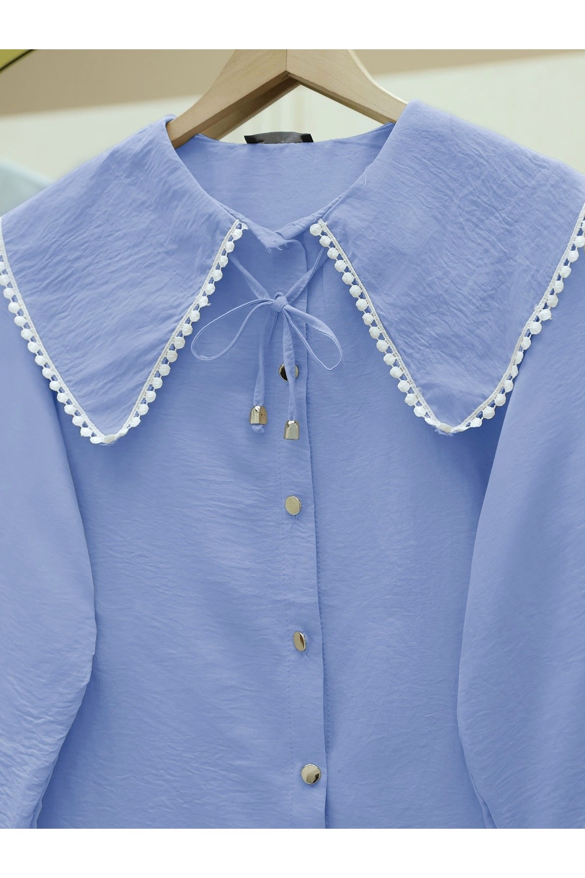 Bebe Yaka Dantelli Kolu Lastikli Gömlek -Mavi