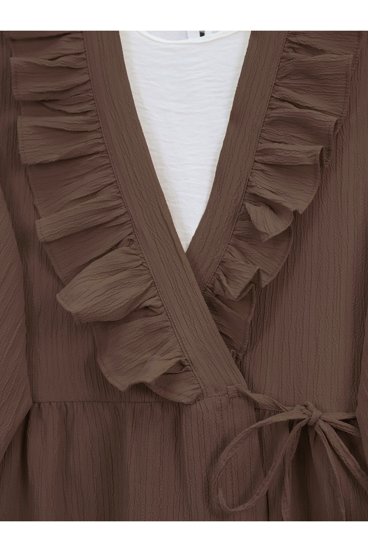 Önü Fırfırlı Bağlamalı Krinkıl Kimono -Kahve