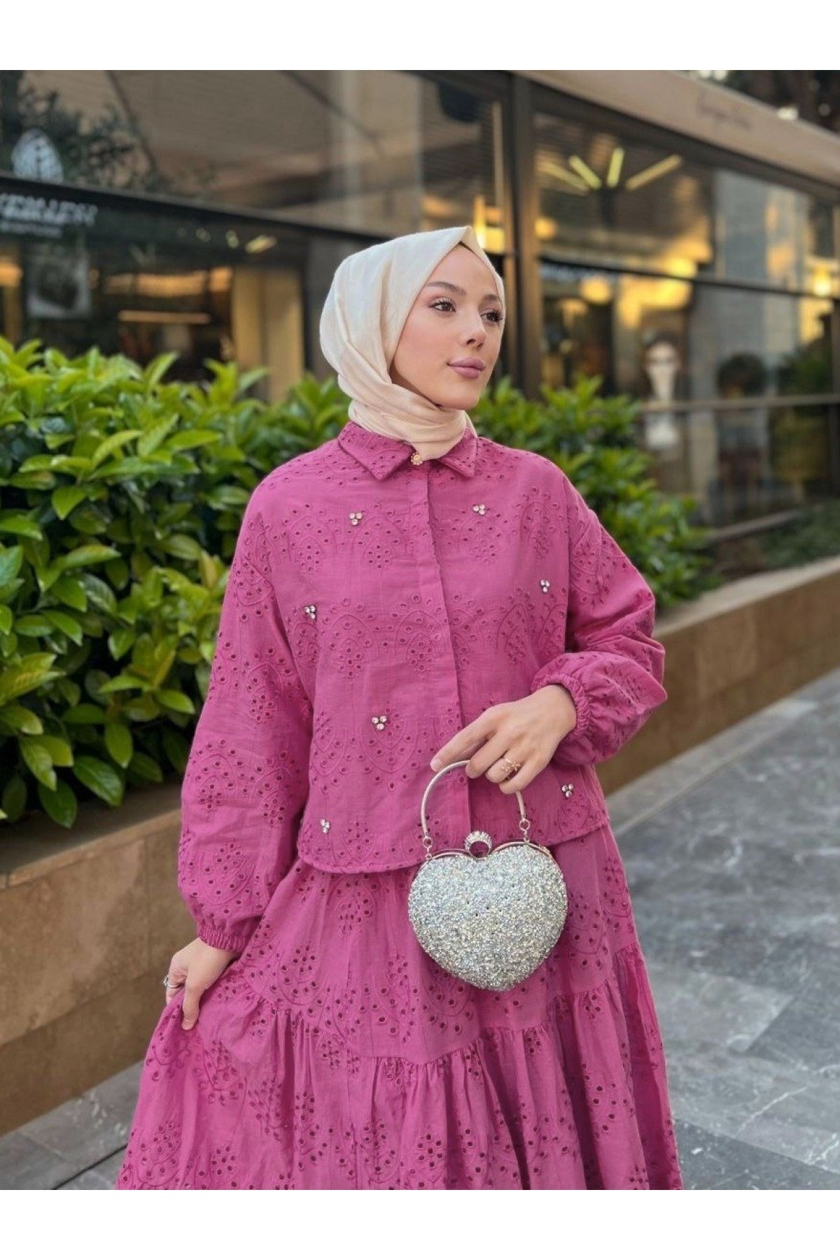 Fisto Detaylı Etekli Takım  -Fuşya