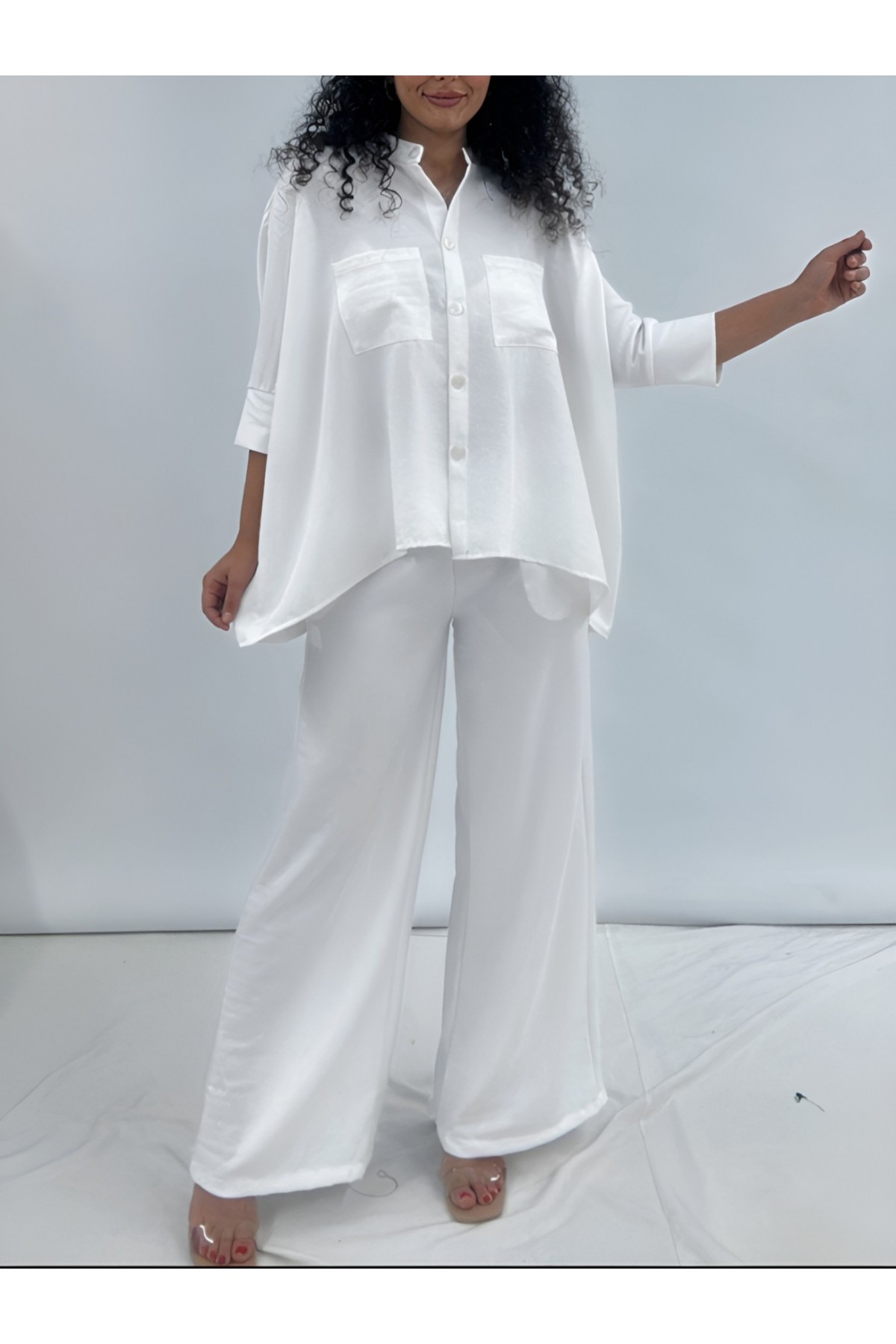 Çift Cepli Yarım Yarasa Kol Salaş Gömlek Takım   -Beyaz