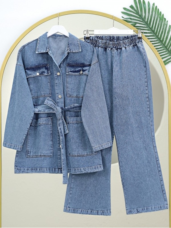 Beli Bağcıklı Torba Cepli Kot Takım -Buz Mavi