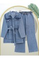 Beli Bağcıklı Torba Cepli Kot Takım -Buz Mavi