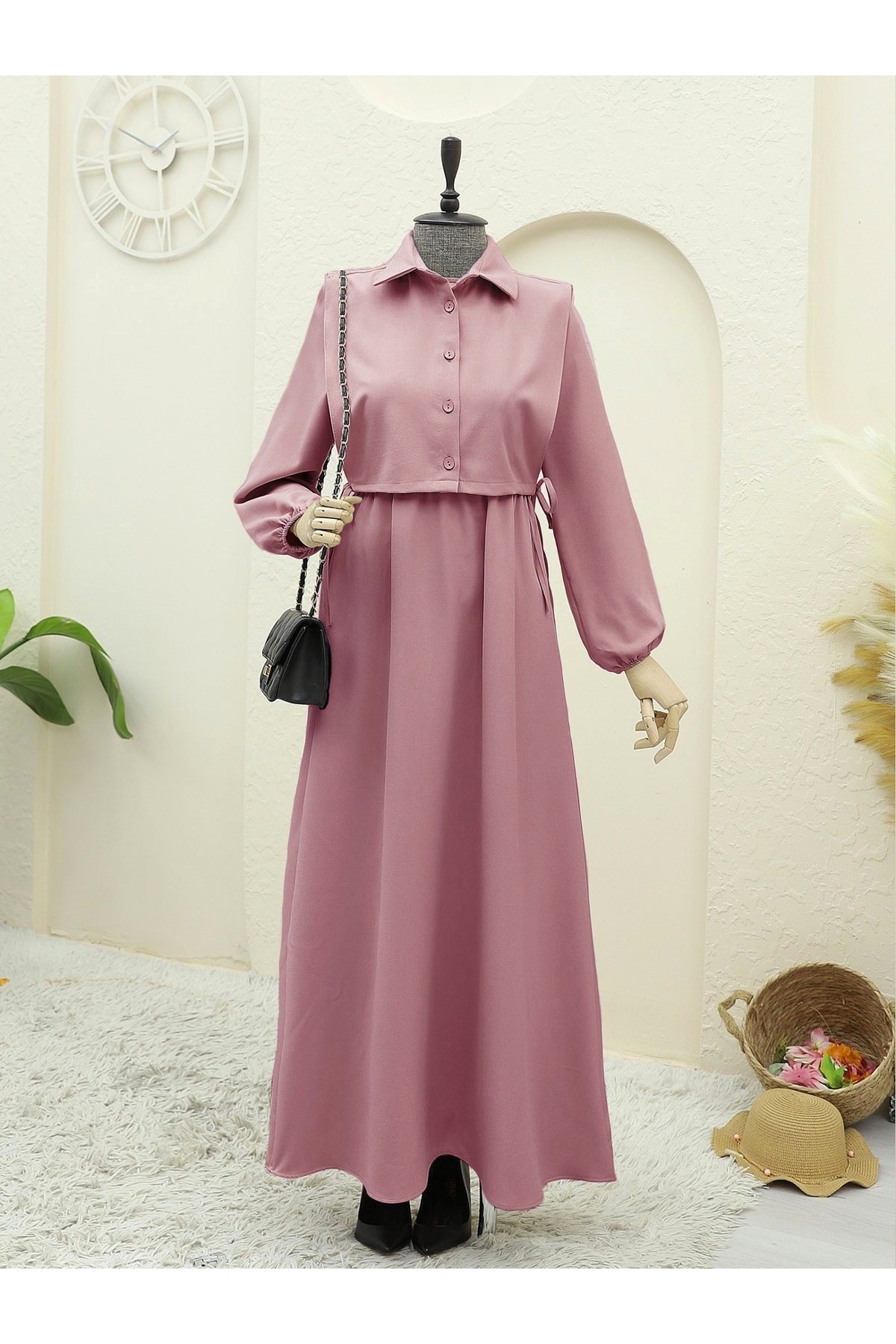 Üstü Gömlek Detaylı Elbise Takım   -Pudra