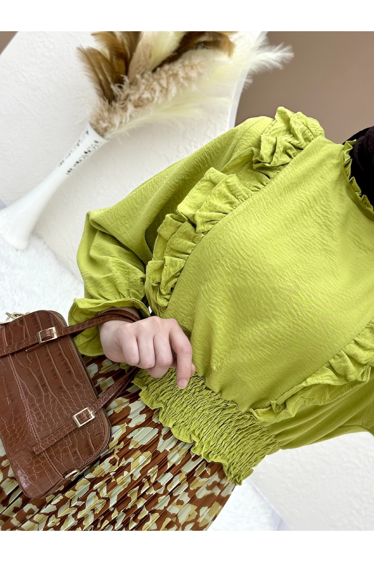 Dijital Baskılı Pliseli Etek -Taba